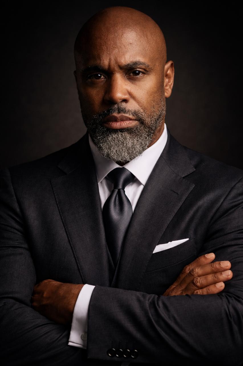 A serious man in a dark suit with a tie, arms crossed, exudes confidence. The dramatic lighting highlights his grey beard and intense expression, emphasizing professionalism.