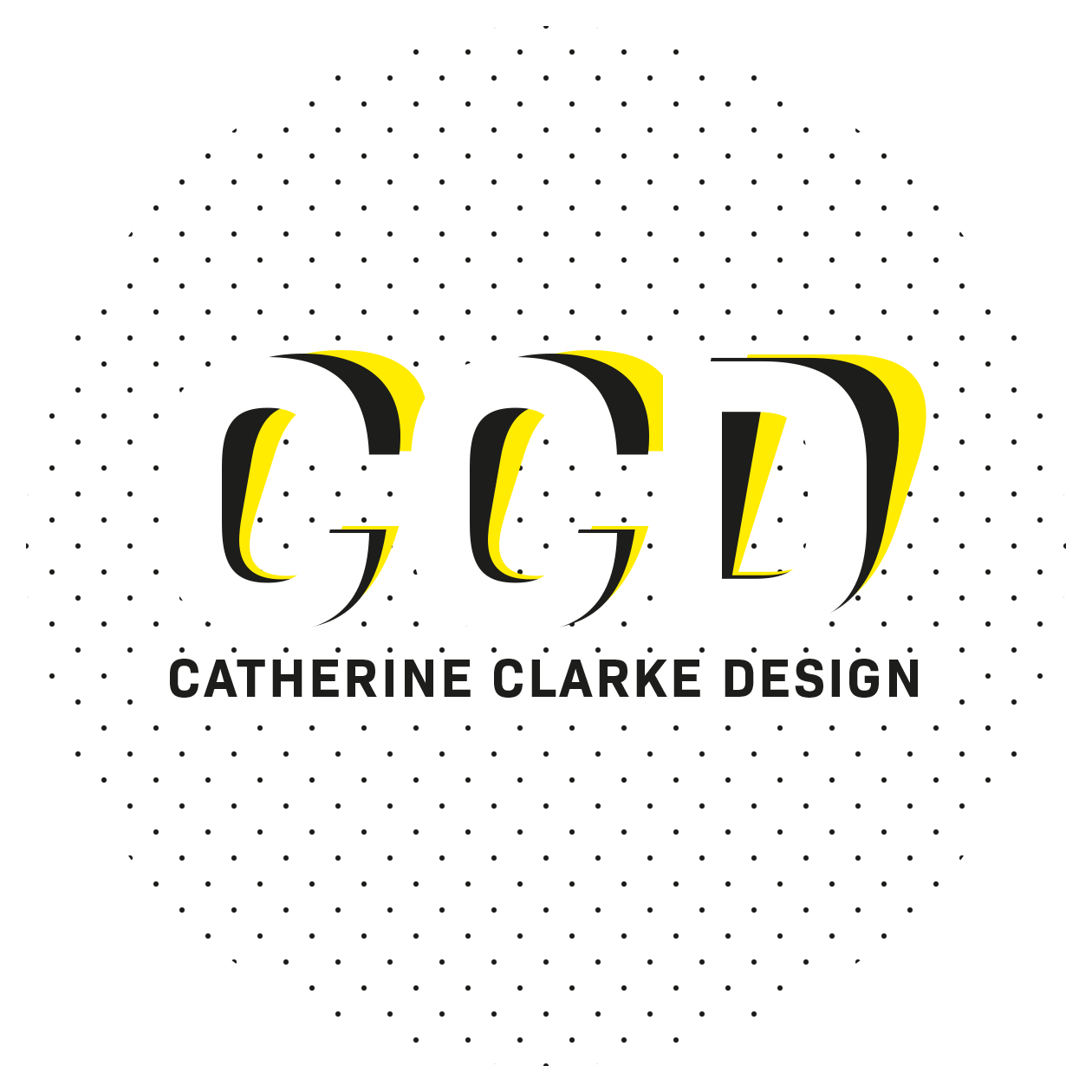 Bold logo for Catherine Clarke Design (CCD) featuring a modern font with yellow accents and polka dot background, emphasizing creative branding.