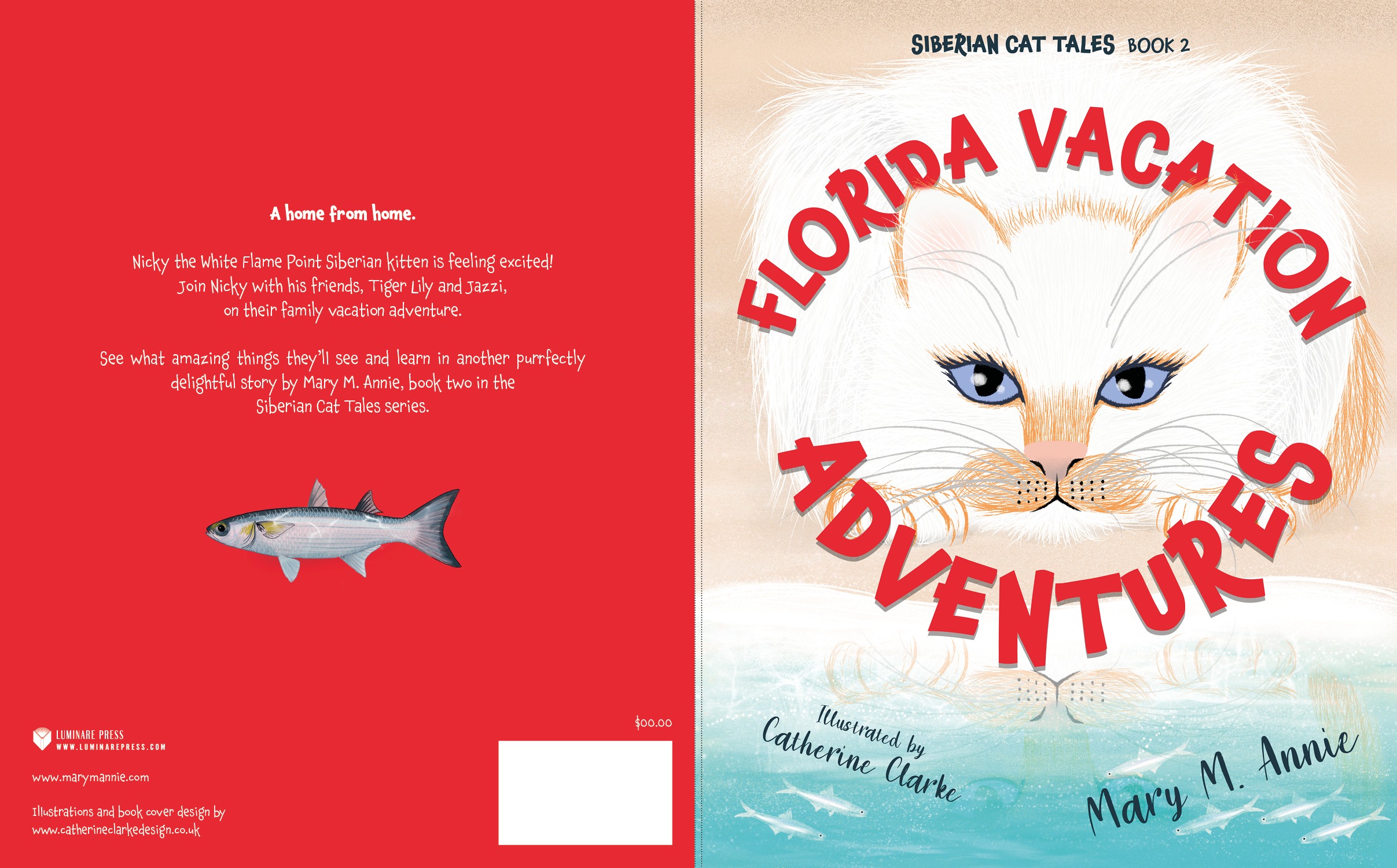Cover of "Florida Vacation Adventures," featuring Nicky the white Flame Point Siberian kitten, illustrating a whimsical family adventure.