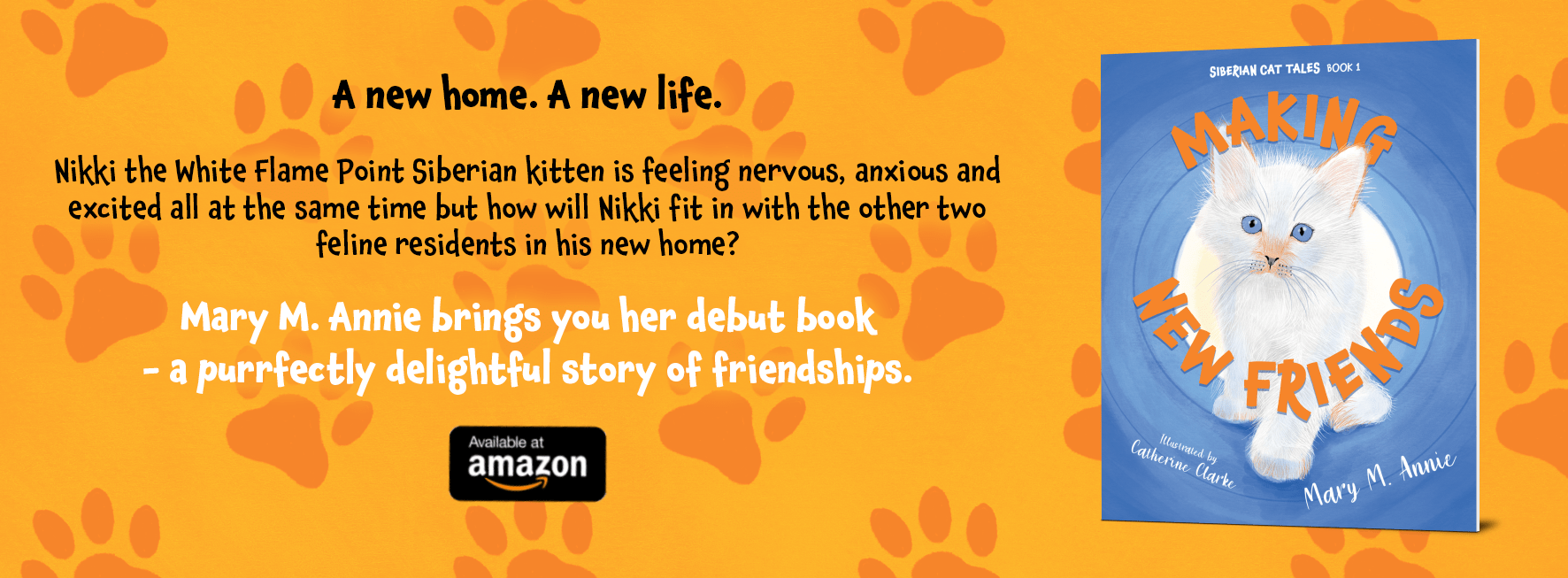 A white Flame Point Siberian kitten named Nikki is featured on a book cover about making friends in a new home. The title and author’s name are displayed prominently.